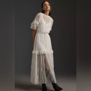 Anthropologie “Let Me Be Short-Sleeve” Ruffle Maxi Dress in white